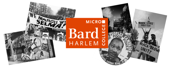collage of protest images with Bard Micrcollege Harlem logo.