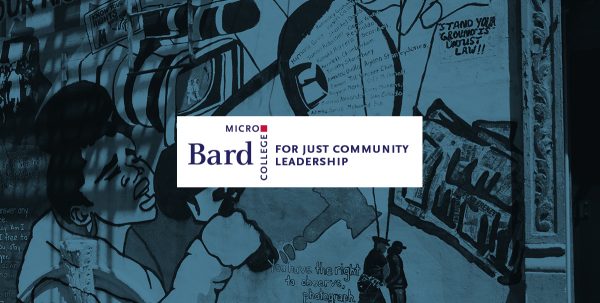 Bard Microcollege for Just Community Leadership logo overlaid on a photo of a harmlet mural.