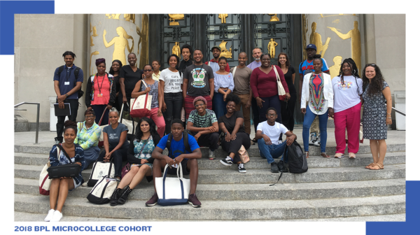 2018 BPL microcollege cohort standing in front of the central library golden doors.
