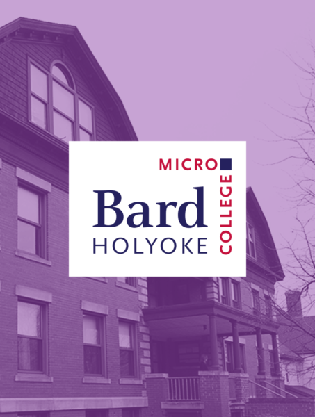 Bard Microcollege Holyoke logo overlaid on purple tinted image of the Care Center.