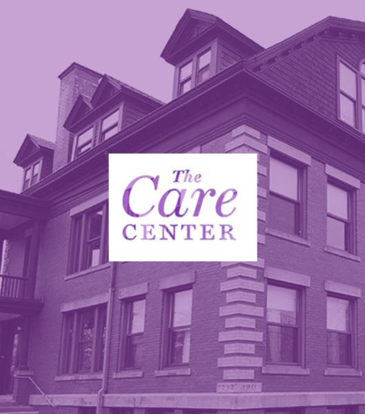 The Care Center logo overlaid on purple tinted image of the Care Center.