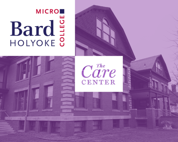 Bard Microcollege Holyoke logo and The Care Center Logo overlaid on purple tinted image of the Care Center.